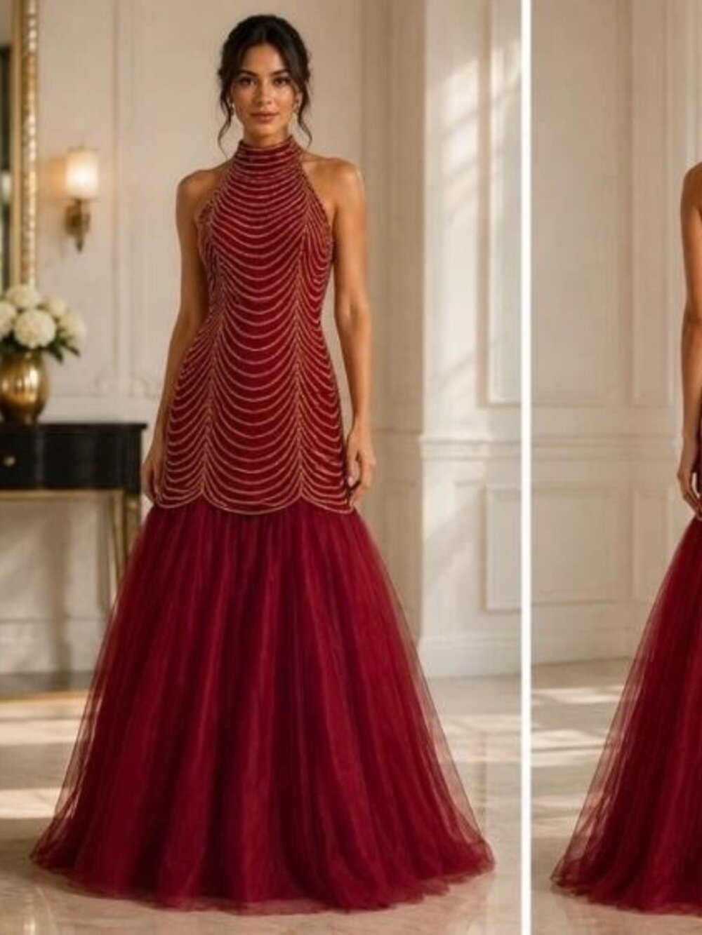Anny Lee Burgundy Gold Rhinestone Tulle Dress